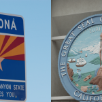 A sign welcoming people into the state of Arizona juxtaposed agains a photo of the seal of the state of California