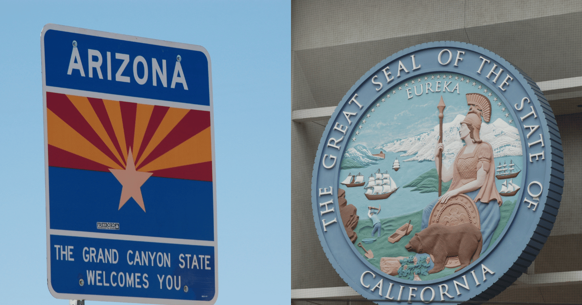 A sign welcoming people into the state of Arizona juxtaposed agains a photo of the seal of the state of California